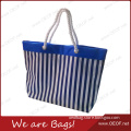 Women Large Zipper Cotton Stripe Leisure Tote Bag